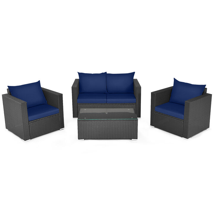 4 Pieces Patio Rattan Conversation Set with Padded Cushion and Tempered Glass Coffee Table