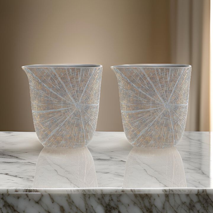 Denver Vase, Set of 2, 14 Inch, Starburst Pattern, Antique Gold Polyresin - Benzara