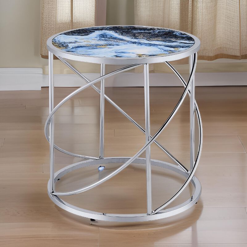 Shira Round Side End Table, 22 Inch, Open Chrome Base Blue Faux Marble - Benzara