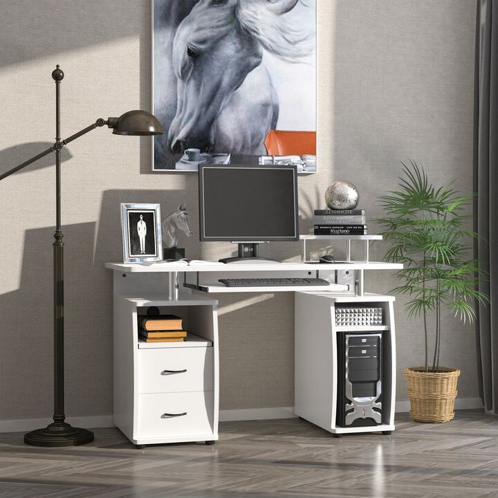 White Multi-Function Desk: Keyboard Tray, Elevated Shelf, CPU Stand