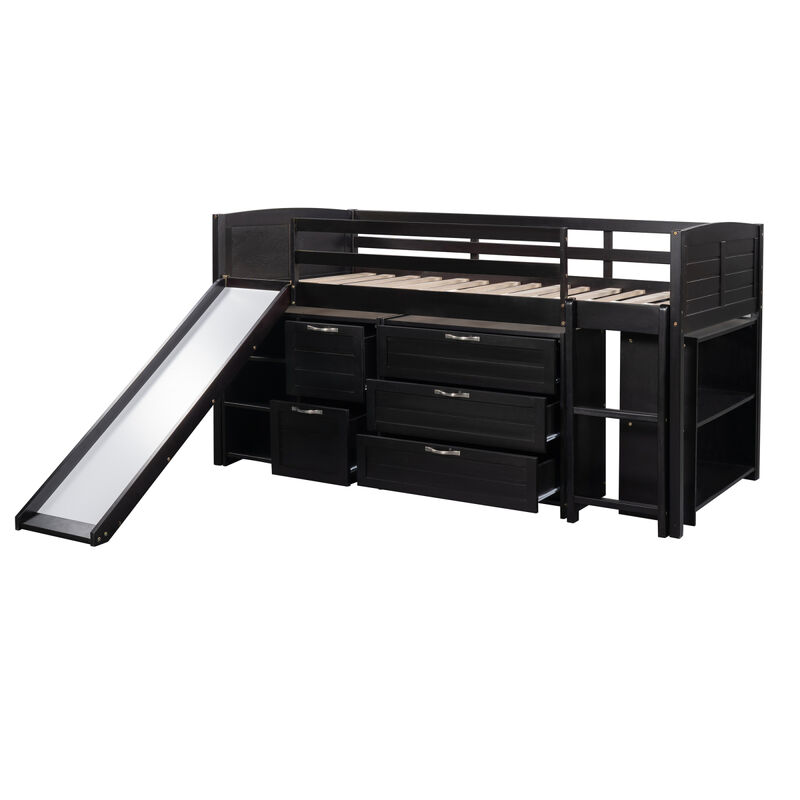 Low Twin Size Loft Bed With Cabinets, Shelves And Slide