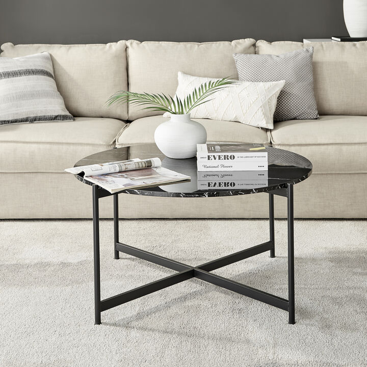 Round Contemporary Marble Finish Veneer Top Black Metal Large Coffee Table
