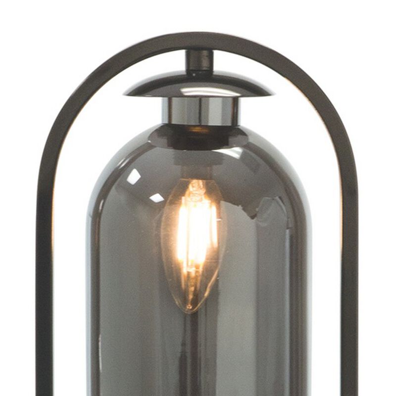 21 Inch Table Lamp, Cylinder Glass Shade, Round Base, Rustic Nickel Gray-Benzara
