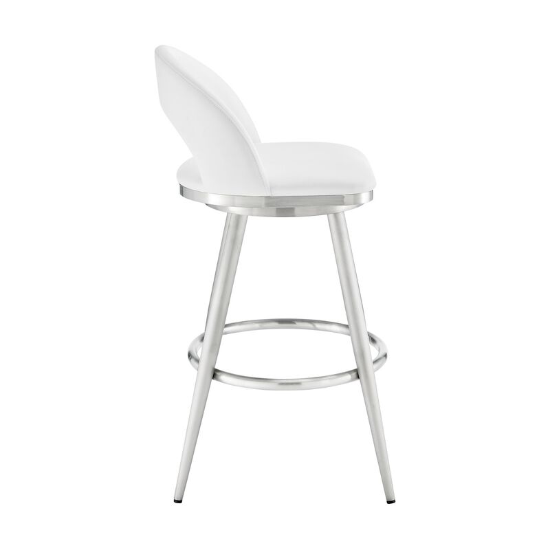 Visy 26 Inch Swivel Counter Stool Chair, Round Back, White Faux Leather - Benzara