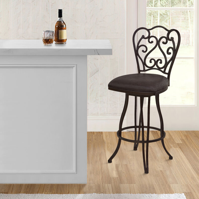 Metal Scroll Design Open Back Barstool with Fabric Padded Seat, Gray - Benzara