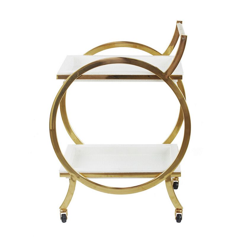 Sia 34 Inch Rolling Bar Cart, Round Steel Frame, Removable Trays White Gold-Benzara