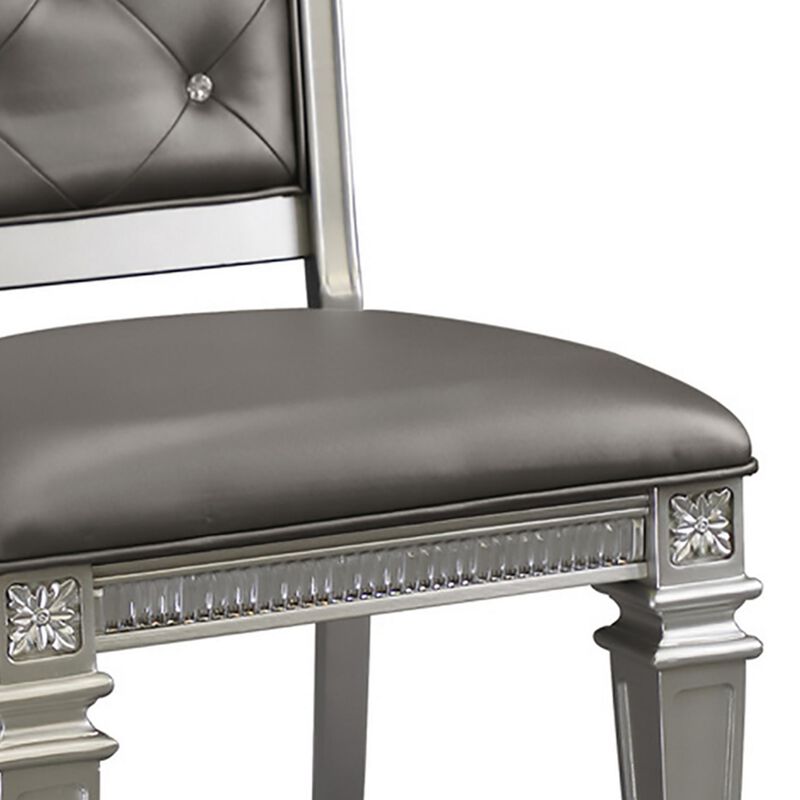 28 Inch Wood Dining Chair, Faux Leather, Acrylic Crystals, Set of 2, Silver-Benzara
