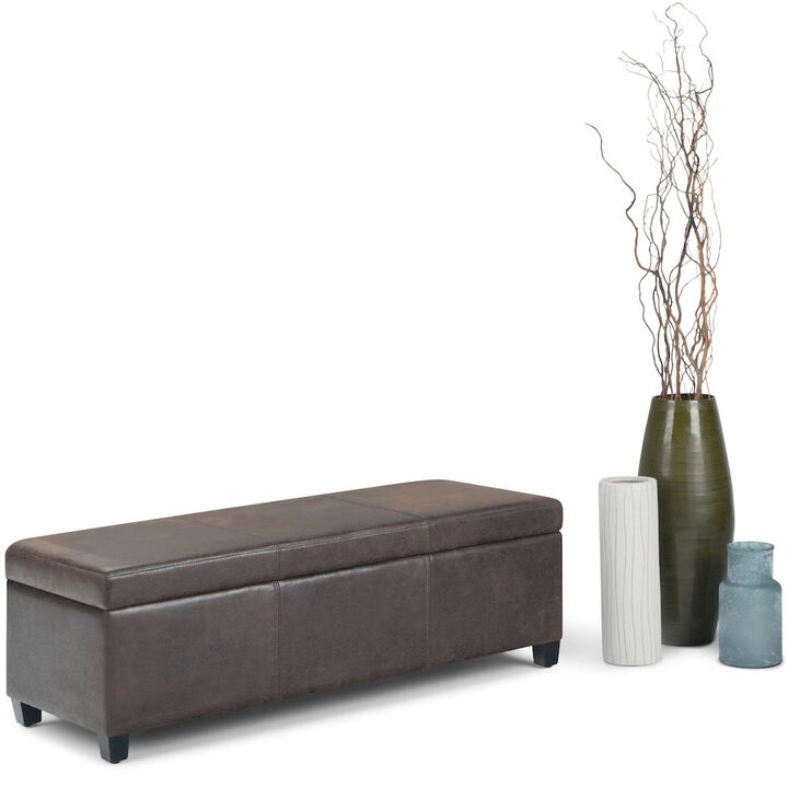 Simpli Home Avalon Storage Ottoman Bench In Distressed Brown Vegan Faux Leather