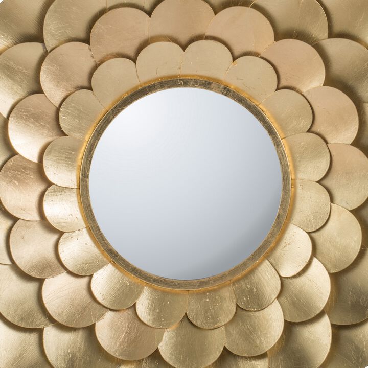 32 Inch Round Wall Mount Mirror, Blooming Flower Decor, Gold Finished Iron-Benzara