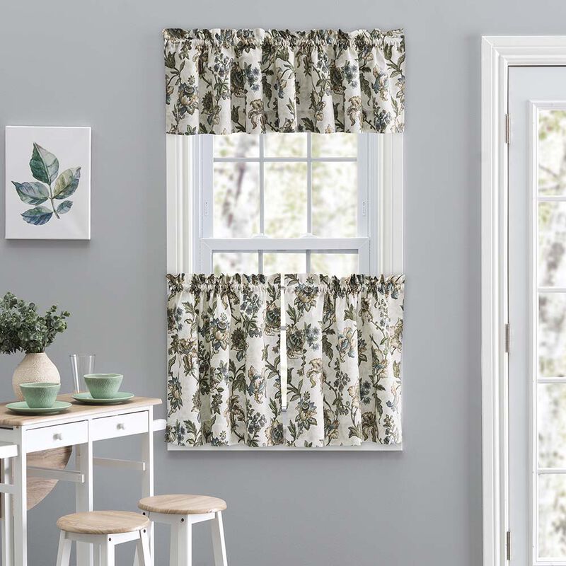 Ellis Curtain Madison Floral Design Printed Natural Ground 1.5" Rod Pocket Tailored Tier
