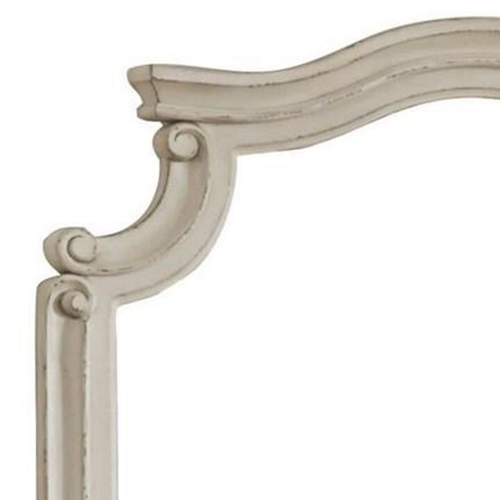 Scalloped Top Wood Encased Mirror with Molded Details, Antique White-Benzara