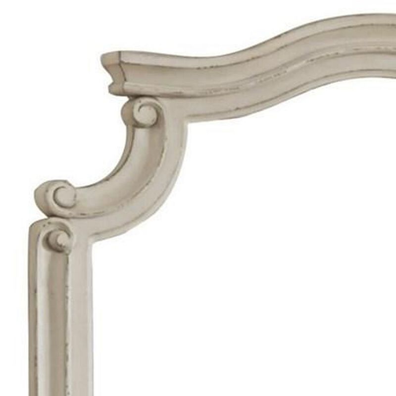 Scalloped Top Wood Encased Mirror with Molded Details, Antique White-Benzara