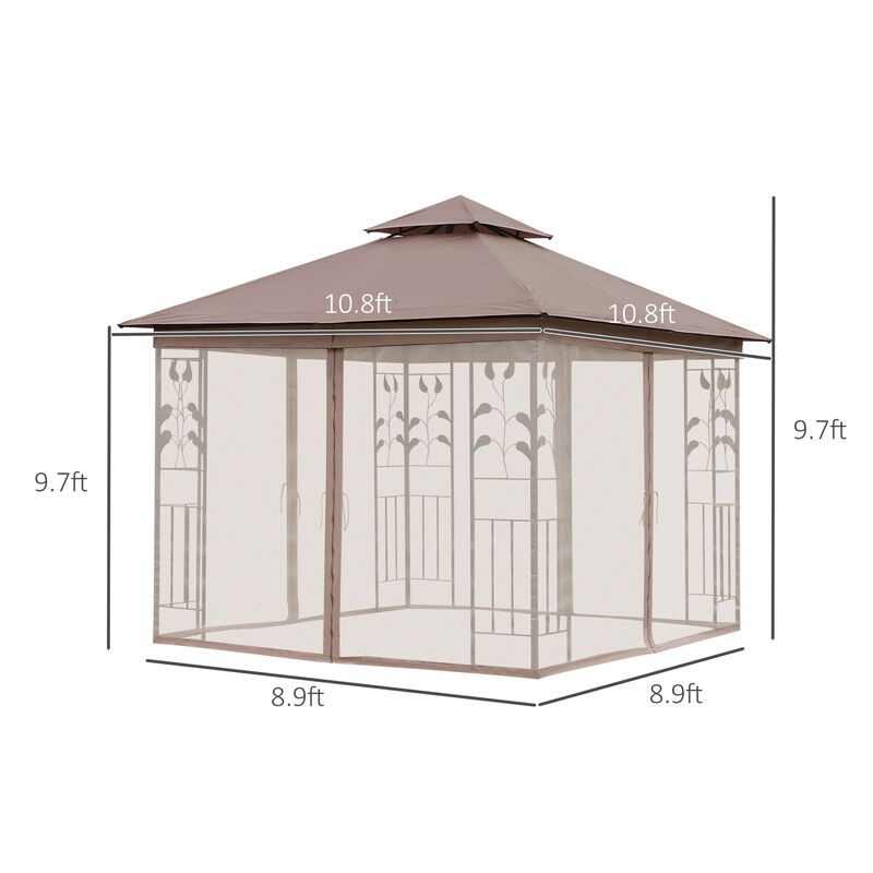 Brown Backyard Retreat: 10'x10' Gazebo with Curtains and Netting