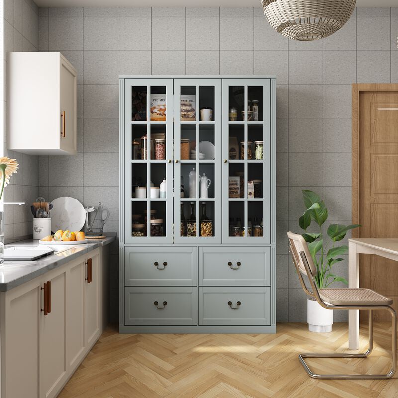 47.2 in. W x 78.7 in. Tall 8-Shelf Gray Wood Standard Bookcase Bookshelf With Glass Doors, Adjustable Shelves, Drawers