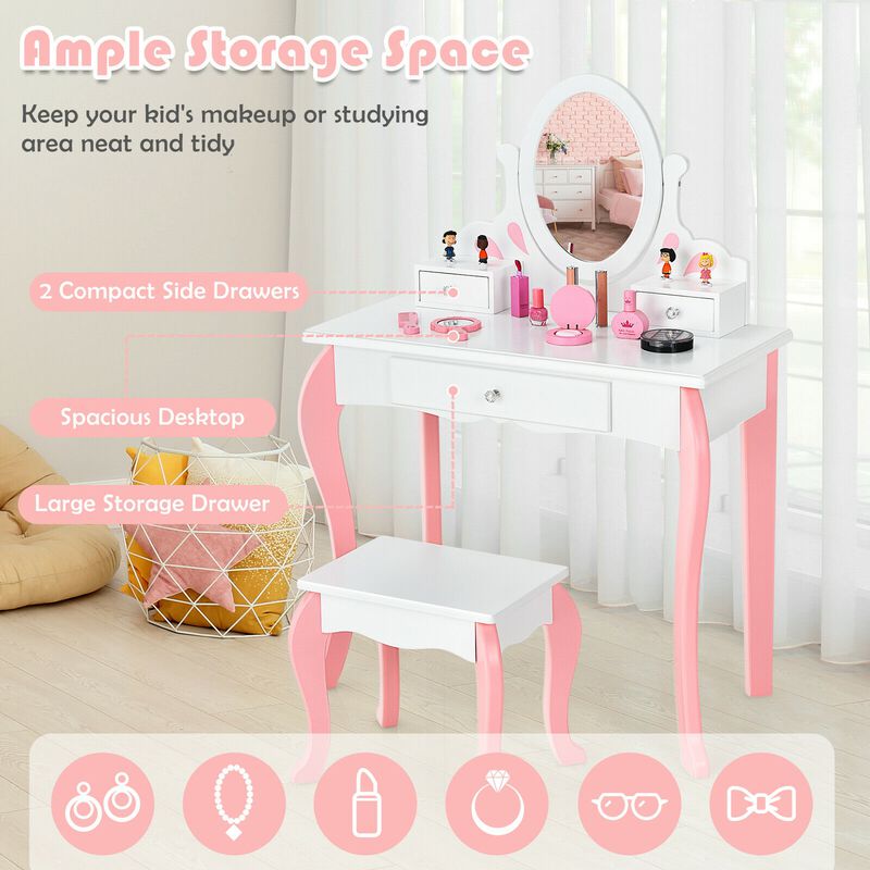 Kids Vanity Princess Makeup Dressing Table Stool Set with Mirror and Drawer