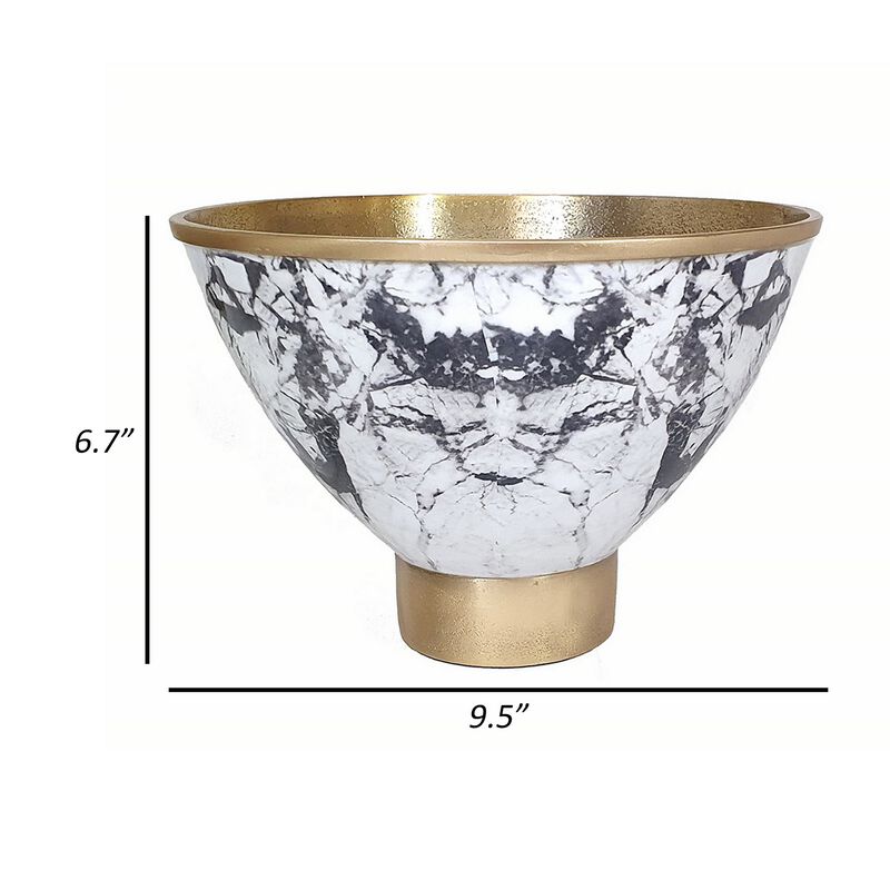 Sinzo 10 Inch Tapered Bowl, Gold Aluminum, Textured Design, Black, White  - Benzara