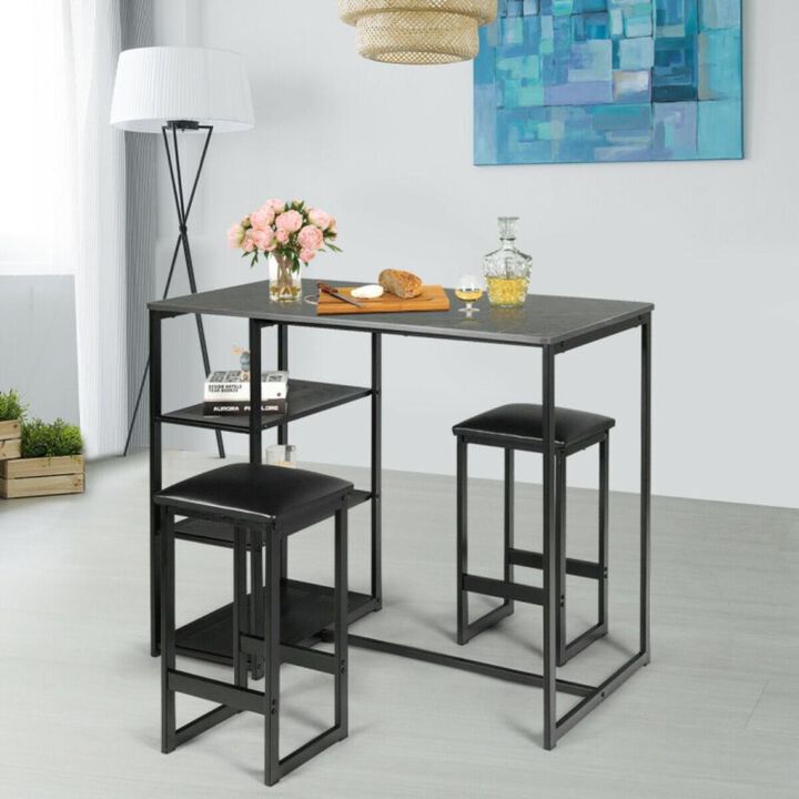 Hivvago 3 Pieces Dining Set with Rectangular Faux Marble and 3 Metal Storage Shelves