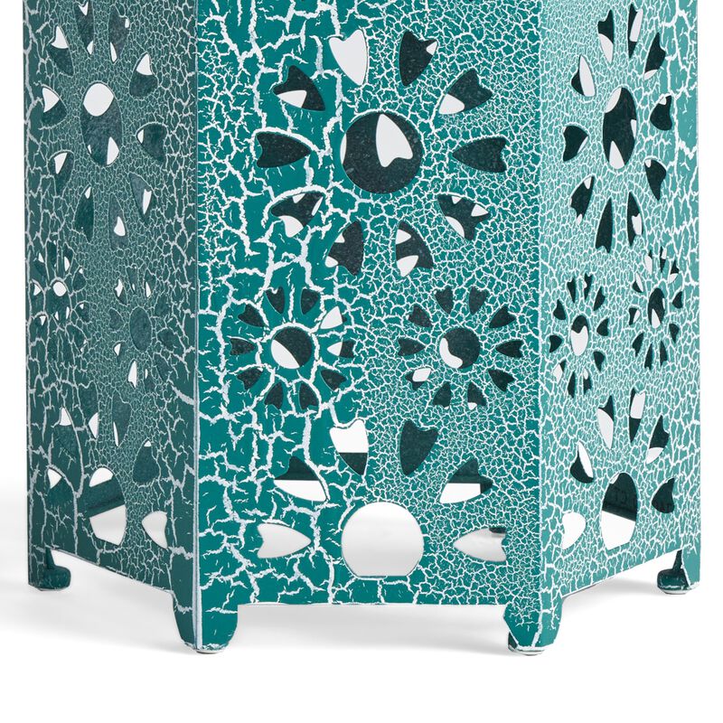 Liana Outdoor Side Table, Hexagonal 14 Inch, Sunburst Cut Out, Teal - Benzara