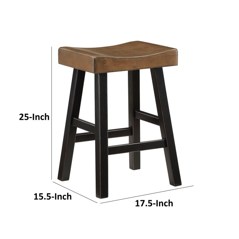 Casy 25 Inch Counter Height Stool, Brown Saddle Seat, Black, Set of 2 - Benzara