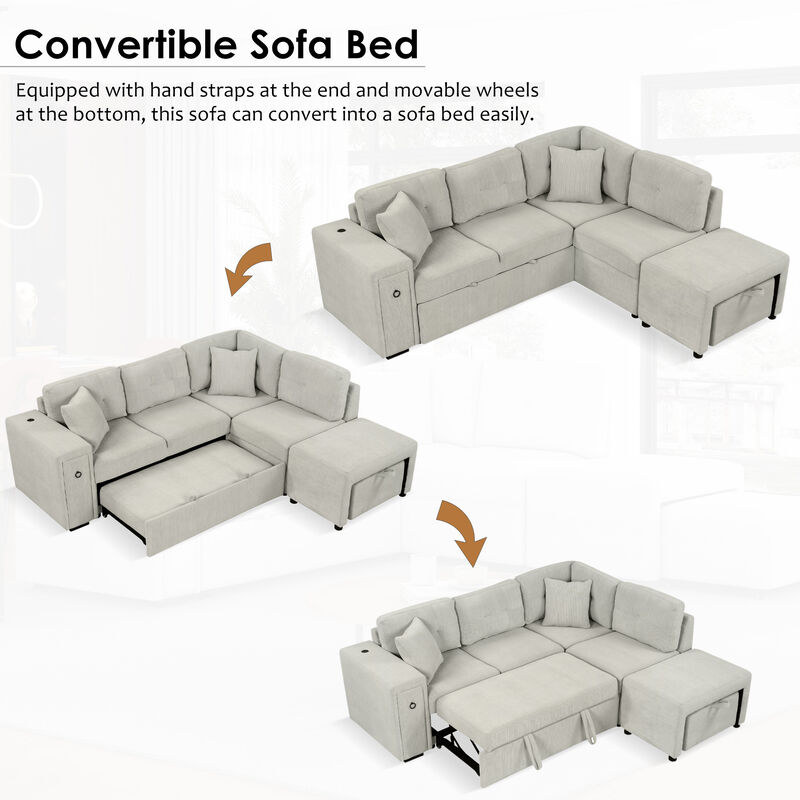86.6" Sectional Sofa L-shaped Sofa Couch Pull-out Sofa Bed with a Movable Ottoman, Two USB Ports  and Two Cup Holders for Living Room, Beige