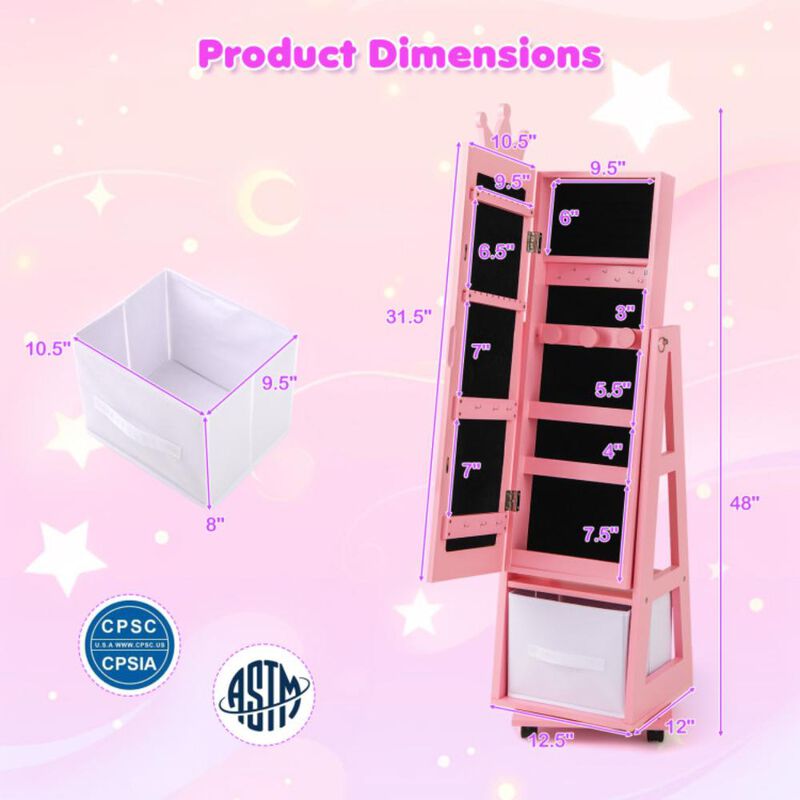 Hivvago Kids Jewelry Armoire Cabinet with Swivel Base and Lockable Universal Wheels