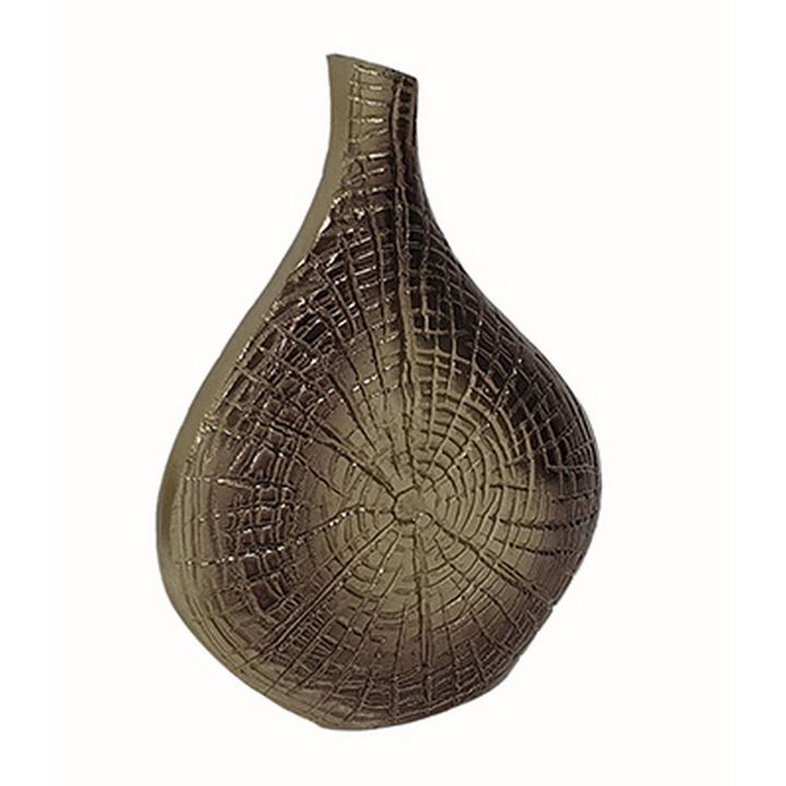 Zelo 11 Inch Decorative Vase, Aluminum, Webbed Design, Bottleneck, Gold - Benzara