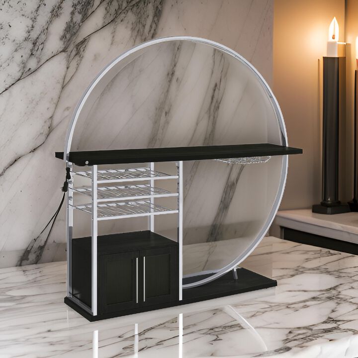 Riya Home Bar Table, LED Light, Cabinets, Wine Storage, Black, Chrome Metal - Benzara