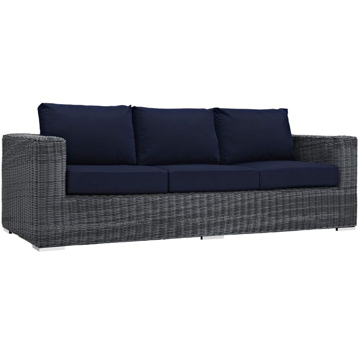 Ultimate Comfort and Quality: Summon Outdoor Patio Sofa - Two-Tone Rattan, Sunbrella Cushions, Aluminum Frame. Perfect for Patio, Backyard, Poolside.