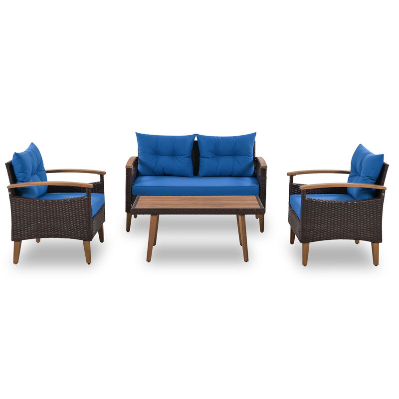4-Piece Garden Furniture, Patio Seating Set, PE Rattan Outdoor Sofa Set, Wood Table And Legs