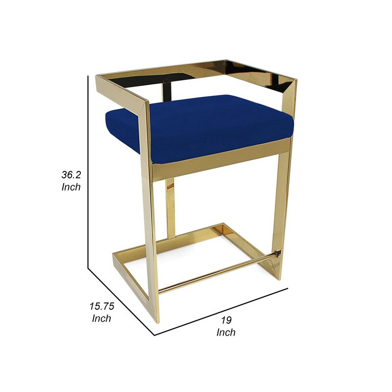 Dok 26 Inch Counter Height Stool, Blue, Cantilever, Gold Stainless Steel - Benzara