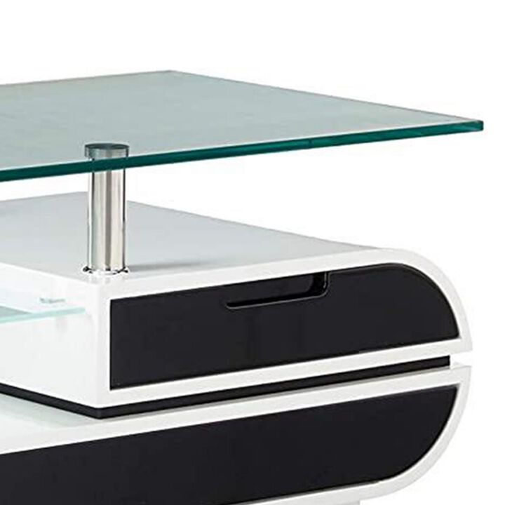 63 Inch TV Entertainment Console, Glass Top, Chrome Posts, Black, White - Benzara