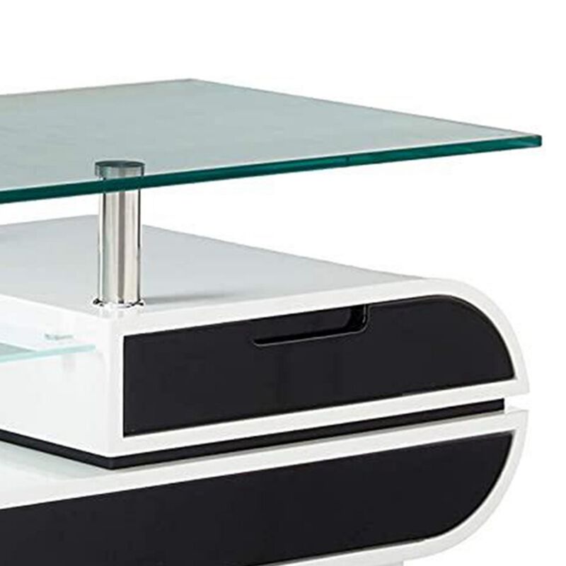 63 Inch TV Entertainment Console, Glass Top, Chrome Posts, Black, White - Benzara