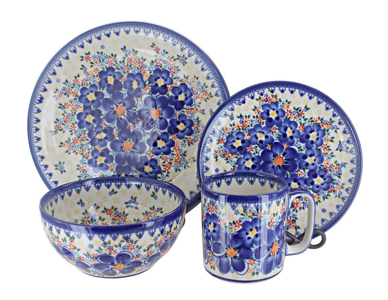 Blue Rose Polish Pottery Blue Dahlia 16 Piece Dinner Set