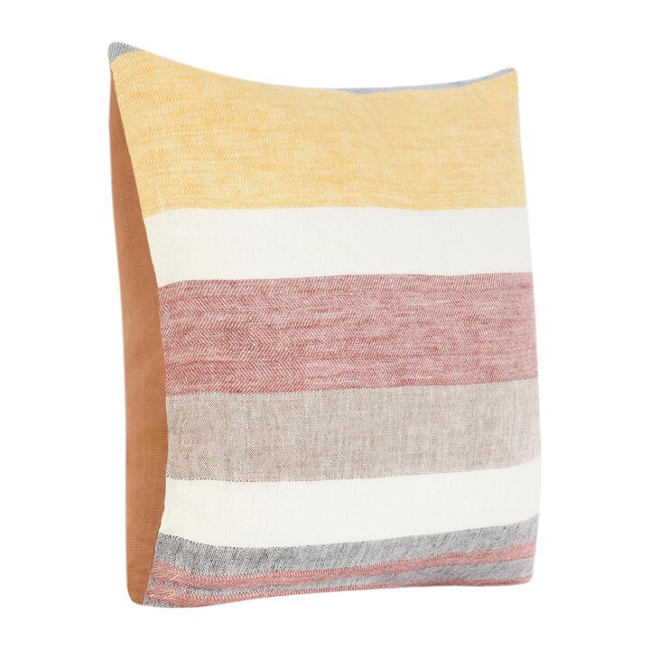 Diu Throw Pillow, 22 Inch Woven Linen, Coastal Striped Red Gray Yellow - Benzara