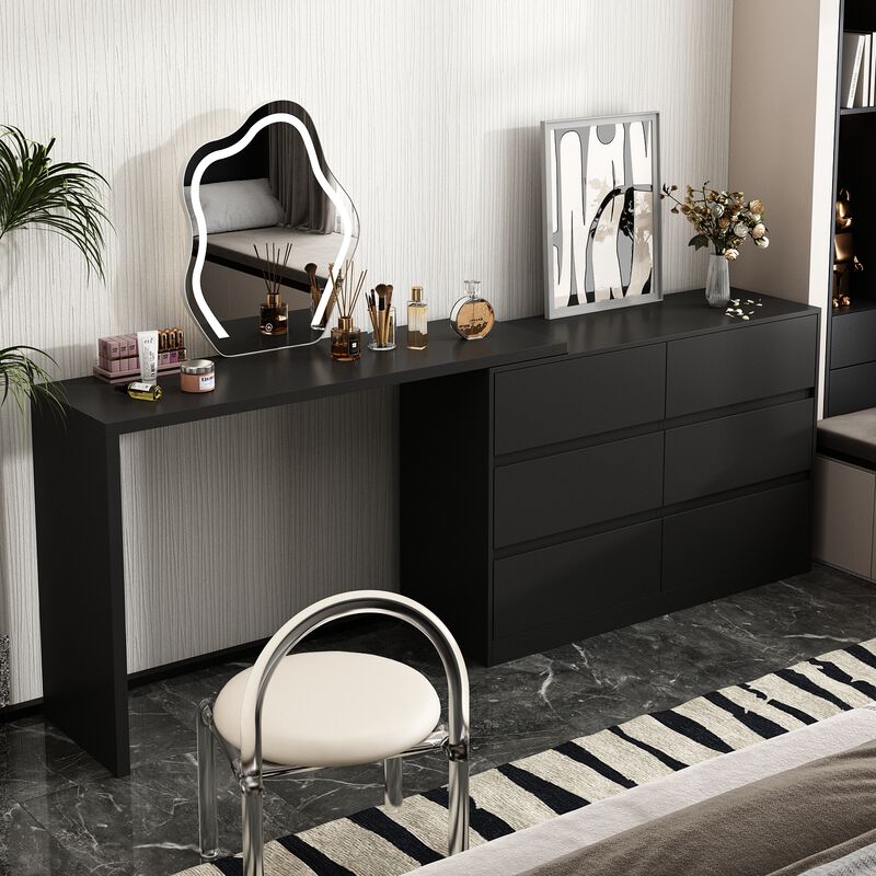 6-Drawer L-Shaped Dresser in Black with Rotatable Desk 47.2 in. W x 51.2 in. D x 32.7 in. H