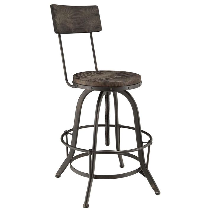 Modway Procure Industrial Modern Wood and Iron Adjustable Height Swivel Bar Stool in Black