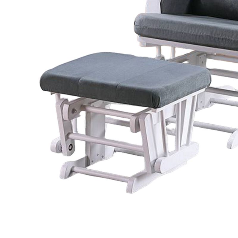 Noni Glider Manual Recliner Chair w Square Ottoman, White Wood, Gray - Benzara
