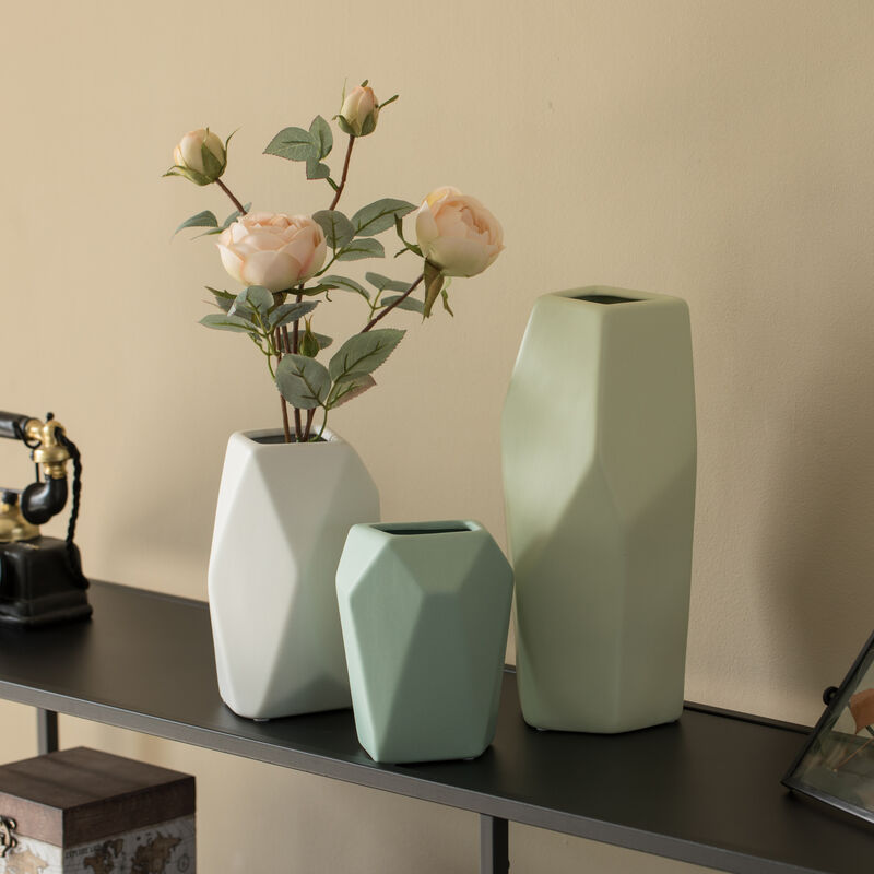 8" H Decorative Ceramic Multi Paned Vase, Modern Style Centerpiece Table Vase White, Medium