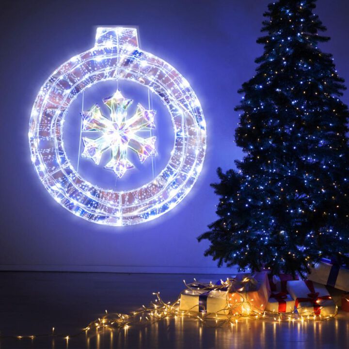 Hivvago 33 Inch Lighted Snowflake Wreath with Hanging Ring and Support Bracket