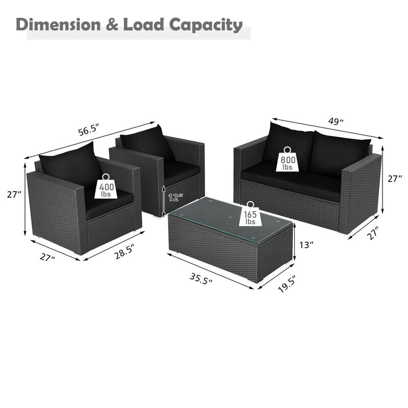 4 Pieces Patio Rattan Conversation Set with Padded Cushion and Tempered Glass Coffee Table