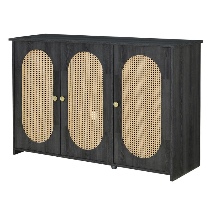 Clihome Retro 3-Door Sideboard with Large Storage Space Artificial Rattan Doors and Metal Handles, Accent Cabinet for Living Room and Hallway (Antique Black)