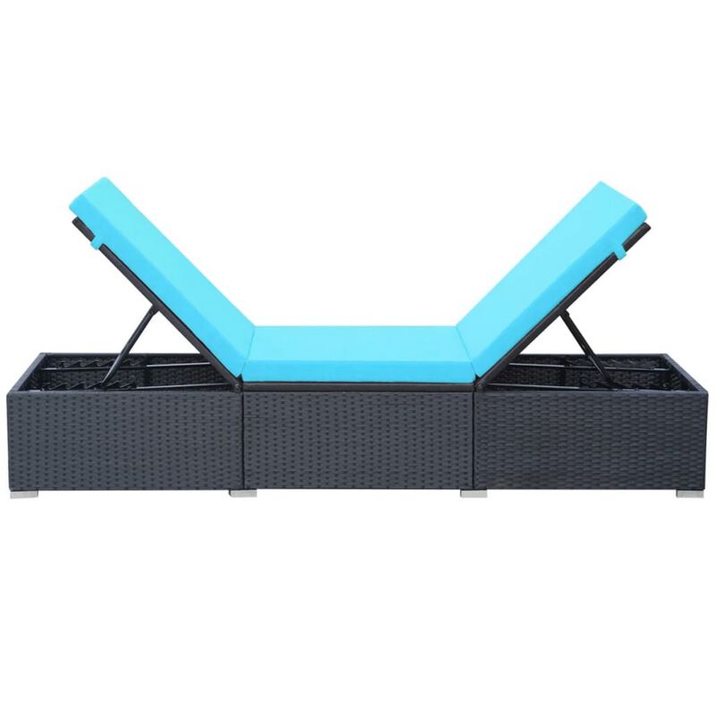 Nino Adjustable Outdoor Sun Lounger Chaise, Blue Cushion, Black Rattan - Benzara