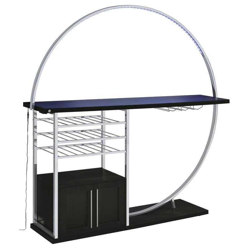 Riya Home Bar Table, LED Light, Cabinets, Wine Storage, Black, Chrome Metal - Benzara