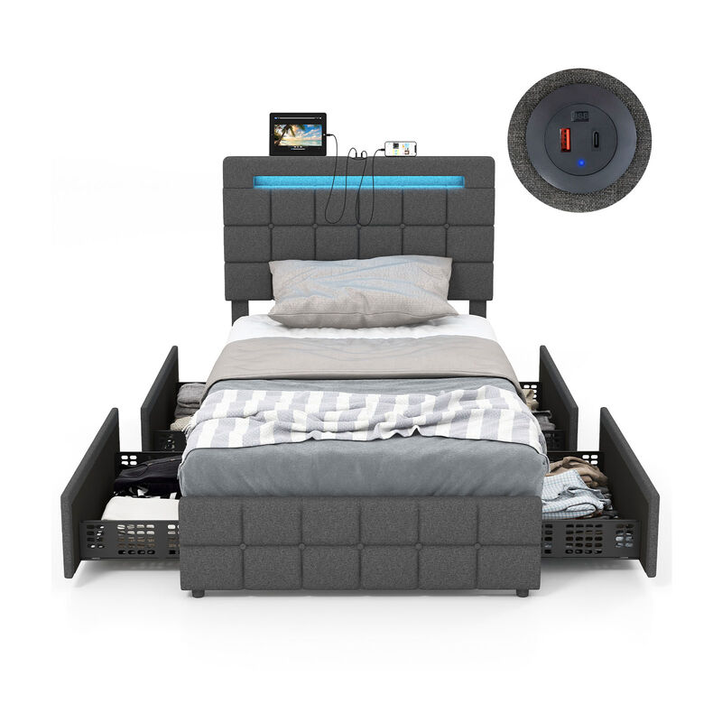Upholstered LED Bed Frame with Headboard and 4 Drawers