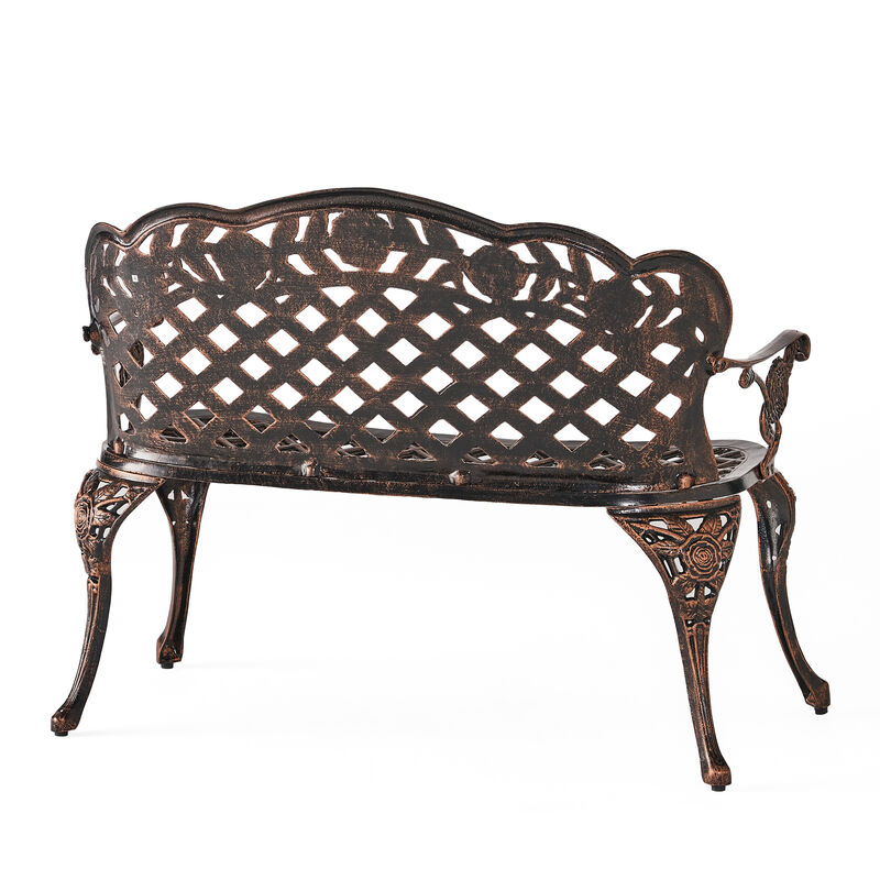Ornate Cast Aluminum Garden Bench with Lattice and Rose Embellishments