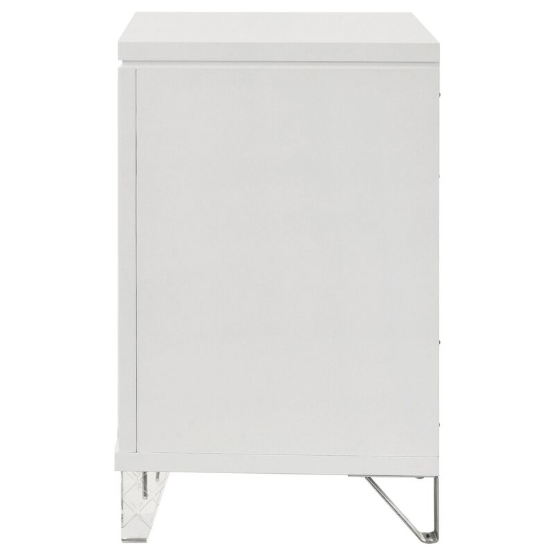 Mory Nightstand, 2 Drawers, Embossed Herringbone Pattern White, Chrome - Benzara