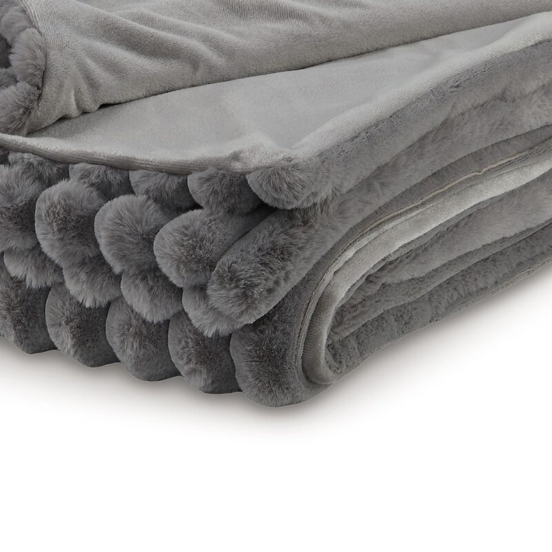 Visha Throw Blanket, Jacquard Faux Fur Stripes, Modern Gray Polyester - Benzara