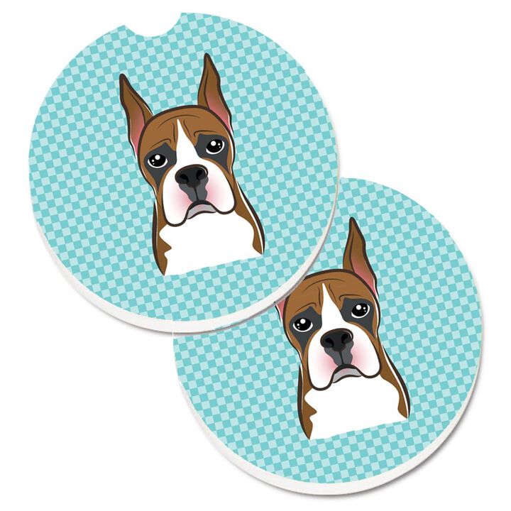 Caroline's Treasures Checkerboard Blue Boxer Set of 2 Cup Holder Car Coasters BB1161CARC, 2.56, Multicolor