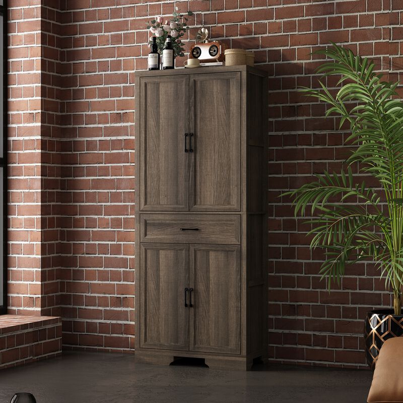 FUFU&GAGA Modern Light Wood Bookshelf Cabinet – 4 Doors & 1 Drawer, Sturdy P2-Grade MDF Storage Cabinet (31.5" W x 15.7" D x 78.7" H), Light Wood