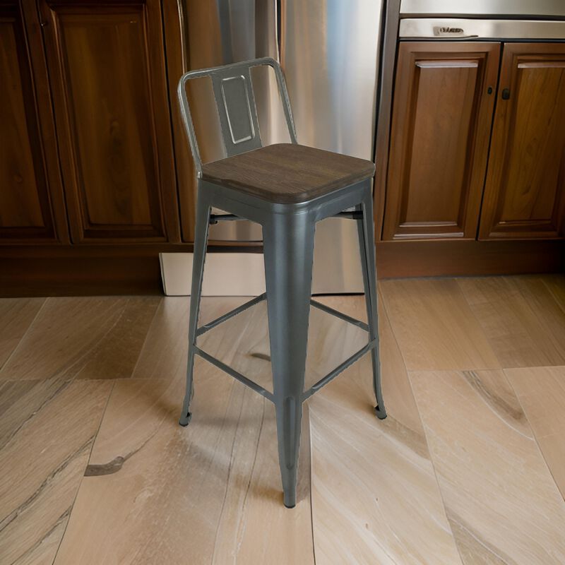 Trace 26 Inch Counter Stool Chair, Low Back, Wood Seat, Gray Metal Finish - Benzara